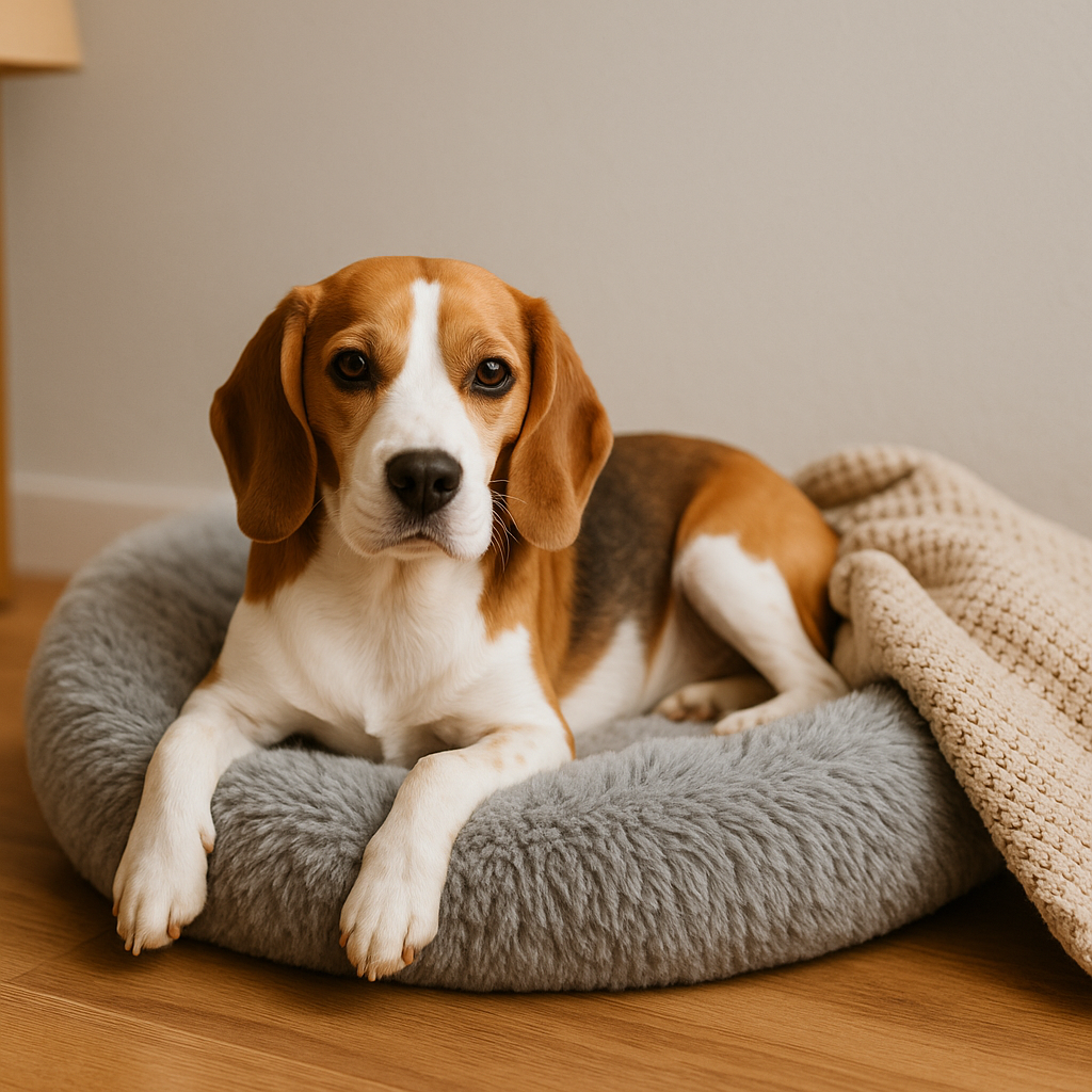 Haustier: Beagle liegt entspannt in flauschigem grauem Hundebett