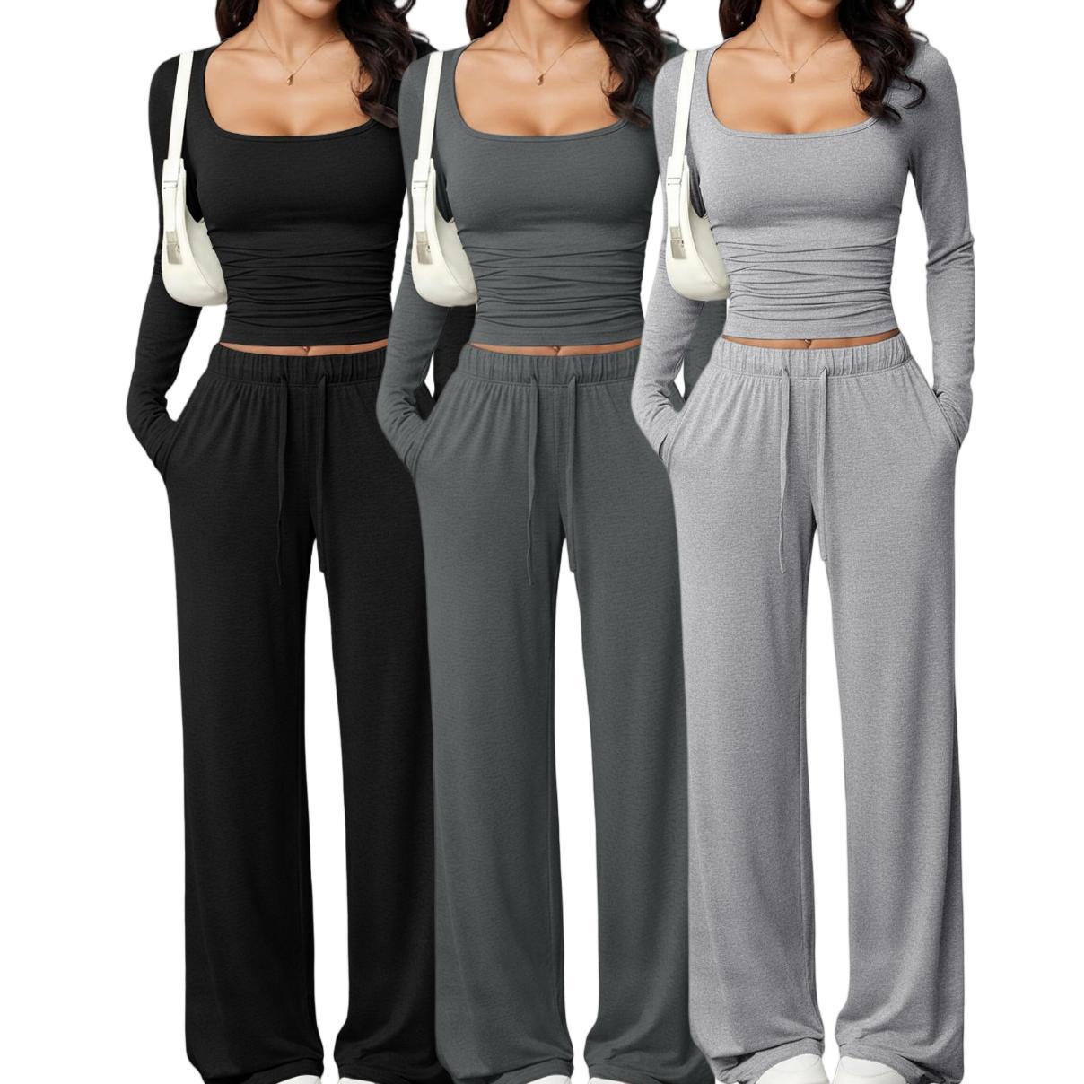 Damen Zweiteiler Casual: Hose & Langarm Crop Top