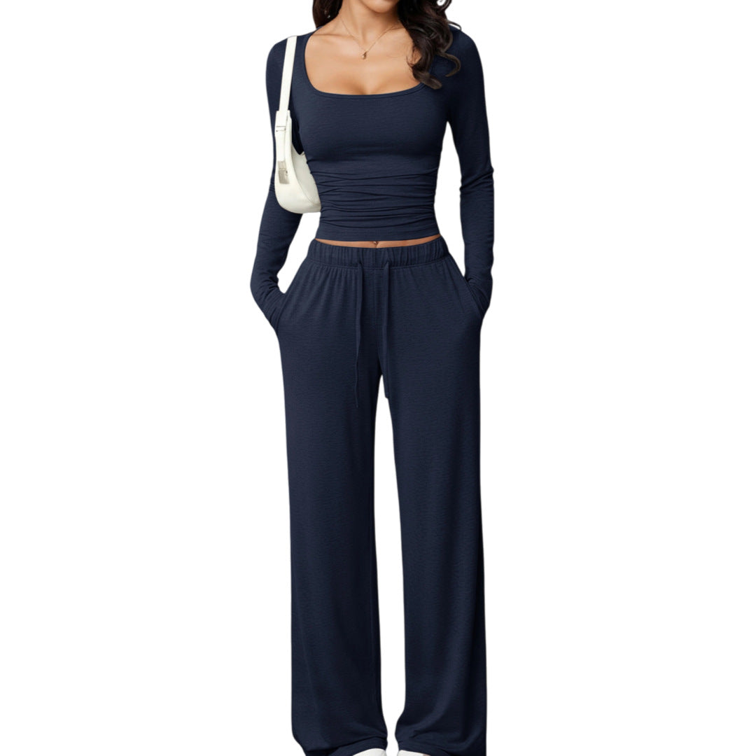 Damen Zweiteiler Casual: Hose & Langarm Crop Top