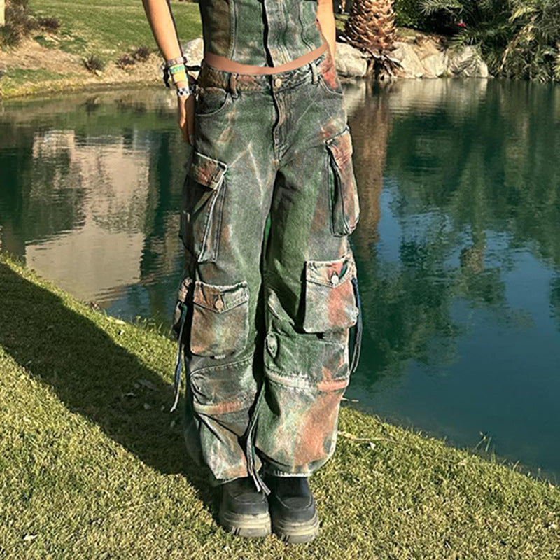 Damen Cargo-Jeans – Loose Fit, Multi-Pocket, Retro-Farbverlauf, Denim (XS–XL)