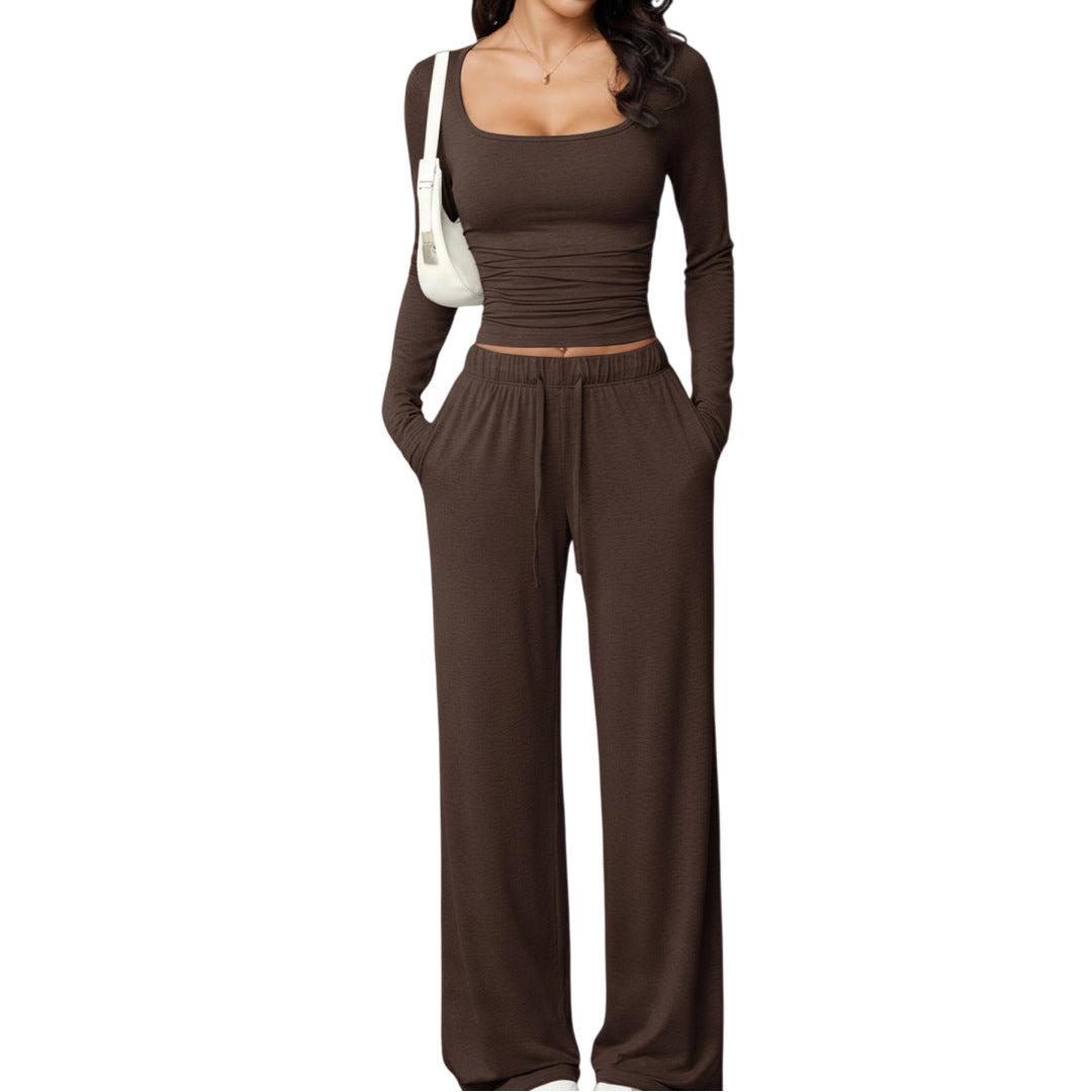 Damen Zweiteiler Casual: Hose & Langarm Crop Top