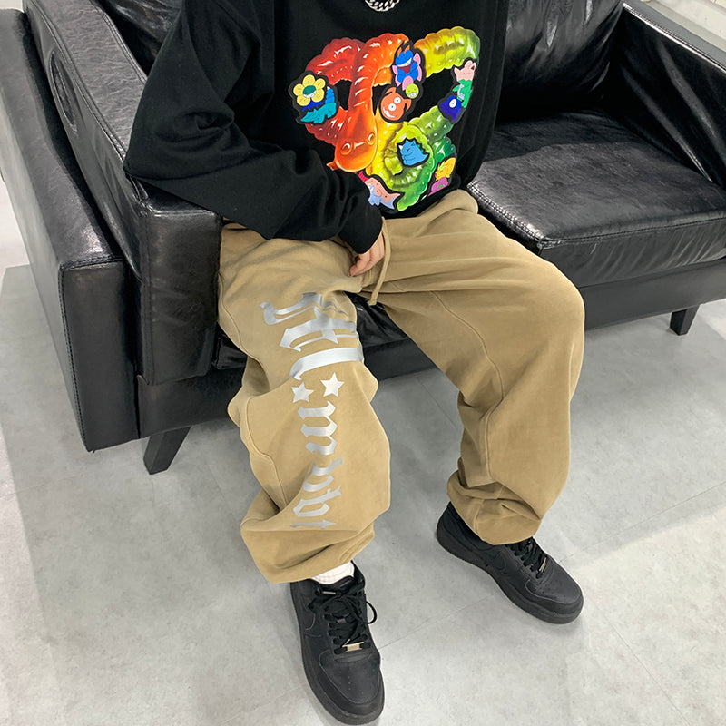 Damen Vintage Sweatpants – Wide Leg, Vintage-Wash, Distressed Letter Print, Streetwear