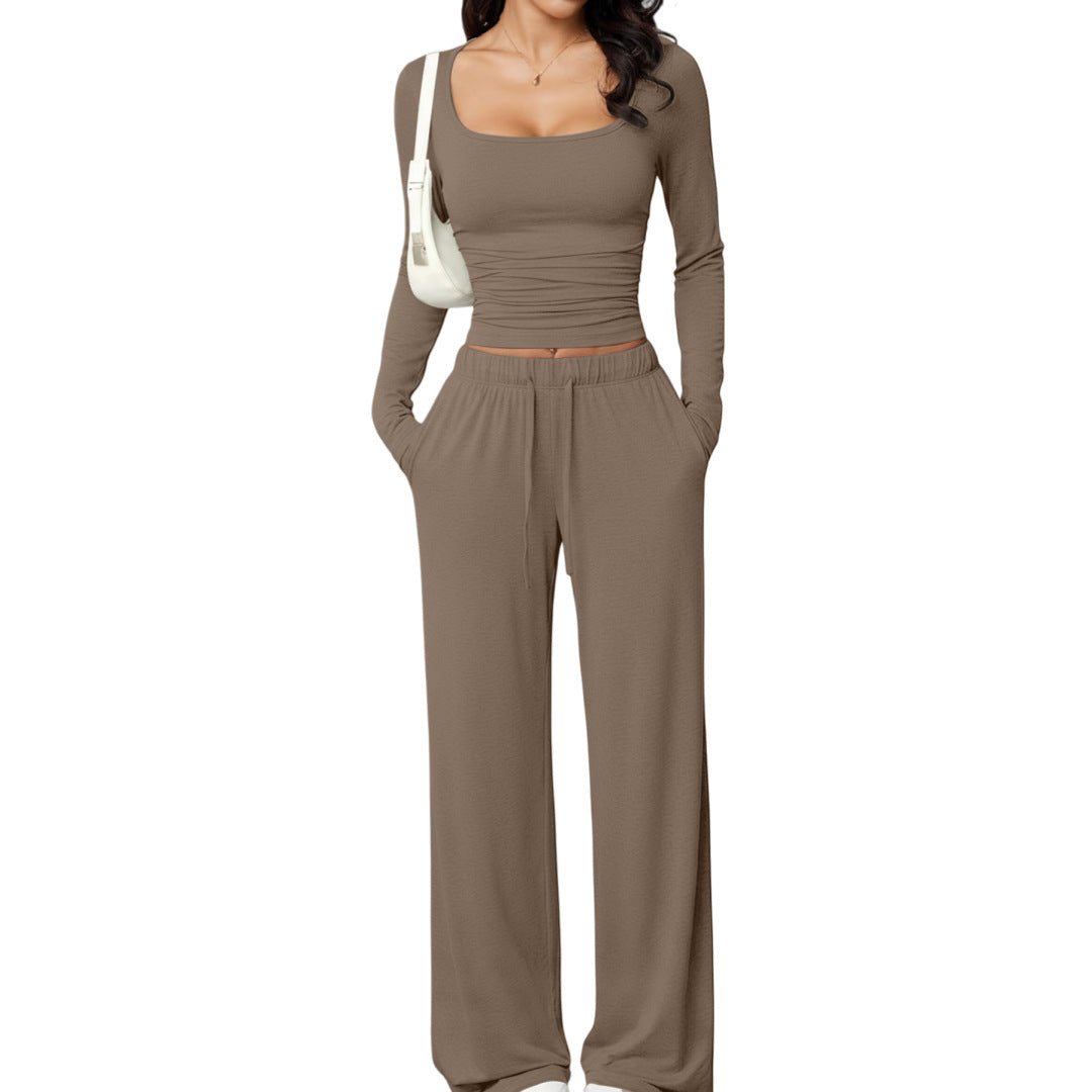 Damen Zweiteiler Casual: Hose & Langarm Crop Top