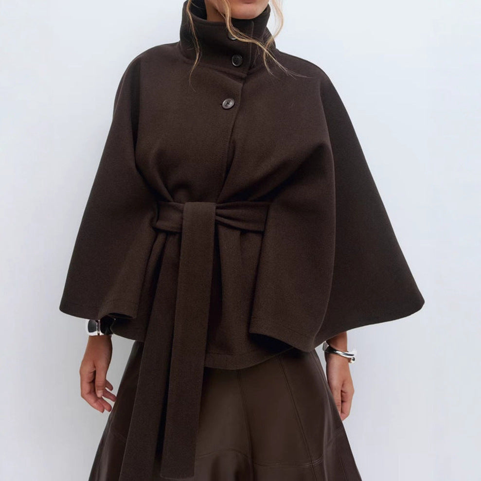 Damen Wintermantel – Eleganter Trenchcoat mit Gürtel | Hoher Kragen, Fledermausärmel, Knöpfe, modisch & locker geschnitten