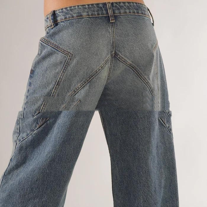 Damen Low-Waist Jeans – Loose Straight Wide-Leg, Splicing/Stitching, Blau/Hellblau/Dunkelgrau (S–XL)