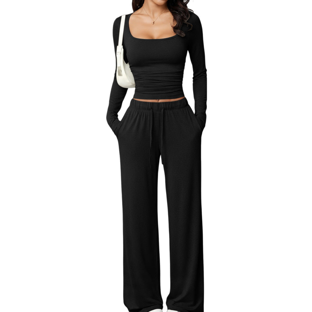 Damen Zweiteiler Casual: Hose & Langarm Crop Top