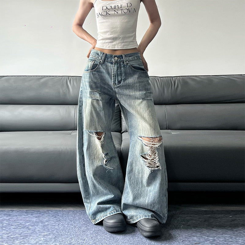 Damen Loose Fit Jeans – Retro Destroyed, Mid Waist, leichter Stretch, Blau (S–3XL)