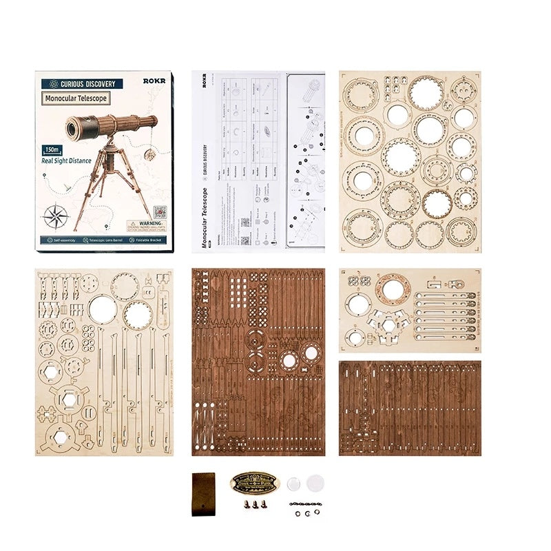 3D Holz-Modell „Monocular Telescope“ von Robotime ROKR – Steckbausatz ohne Kleber, 314 Teile