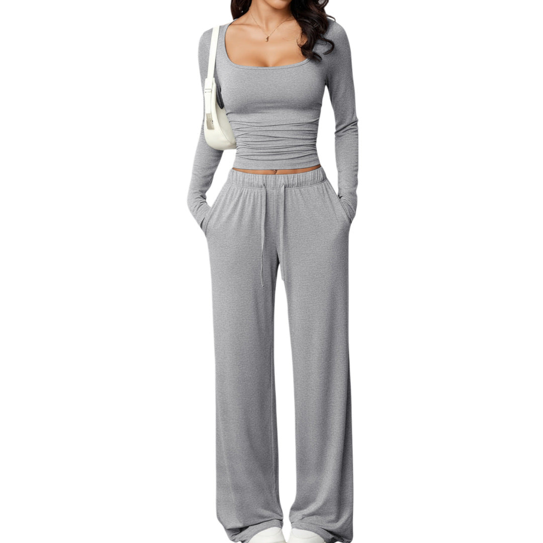 Damen Zweiteiler Casual: Hose & Langarm Crop Top