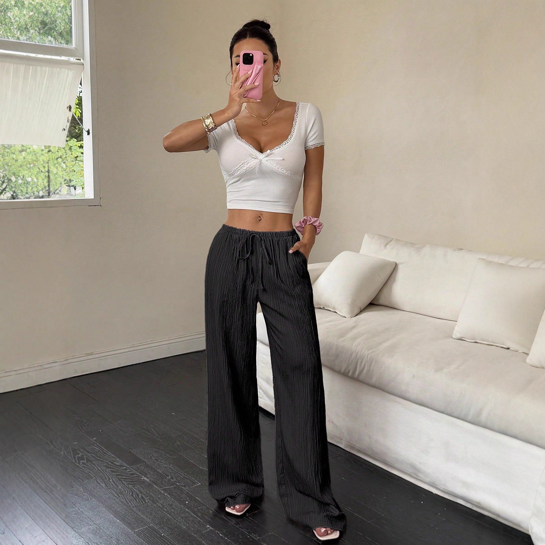 Damen Wide-Leg Hose – Mid Waist mit Schnürbund, lässig & figurfreundlich, Schwarz/Rosa (S–XXL)