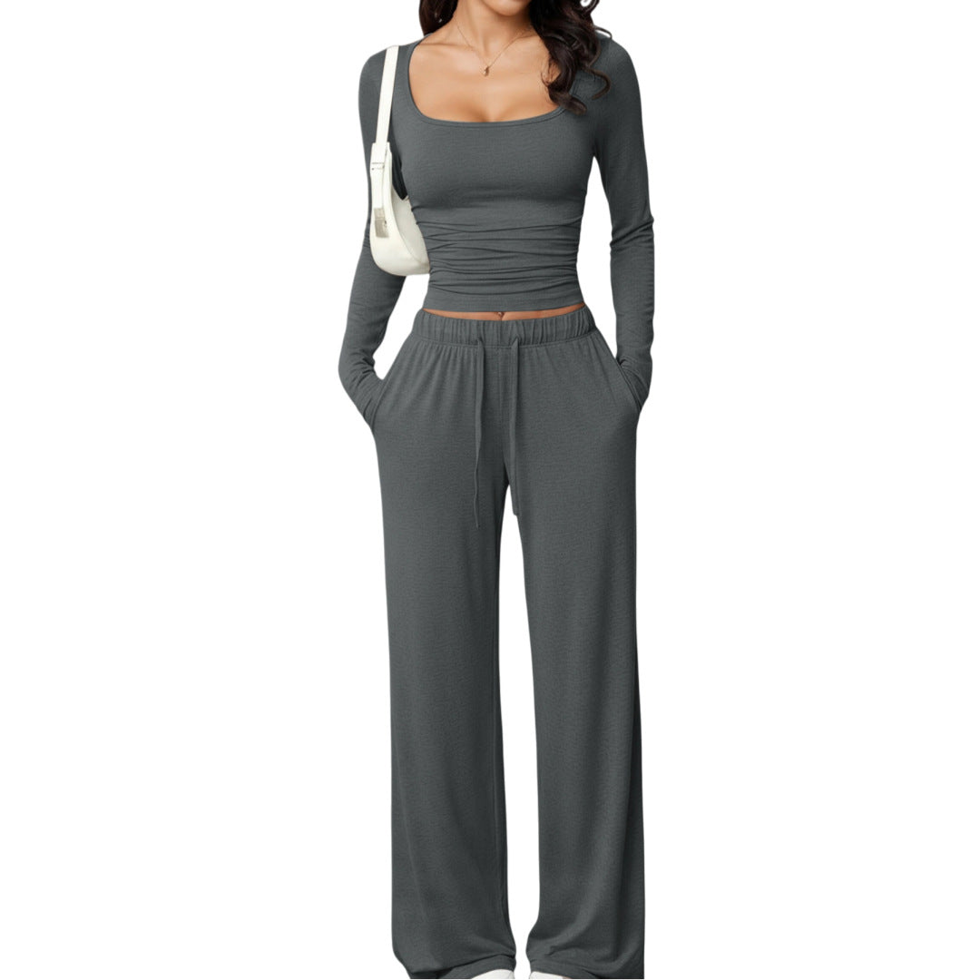 Damen Zweiteiler Casual: Hose & Langarm Crop Top