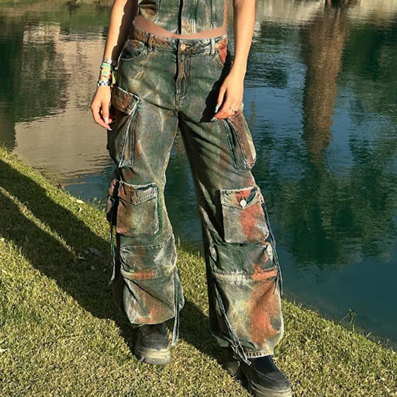 Damen Cargo-Jeans – Loose Fit, Multi-Pocket, Retro-Farbverlauf, Denim (XS–XL)