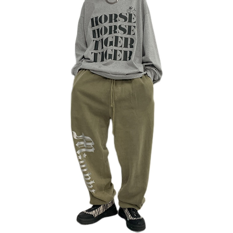 Damen Vintage Sweatpants – Wide Leg, Vintage-Wash, Distressed Letter Print, Streetwear