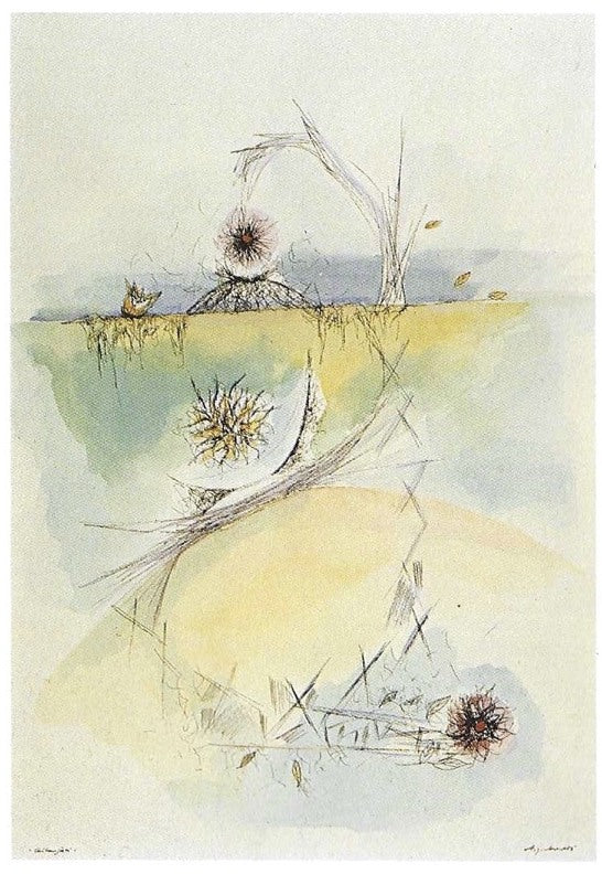 Gitanjali I von H. Schero, 1985: poetisches Naturblatt, Aquarell mit Feder, signiert