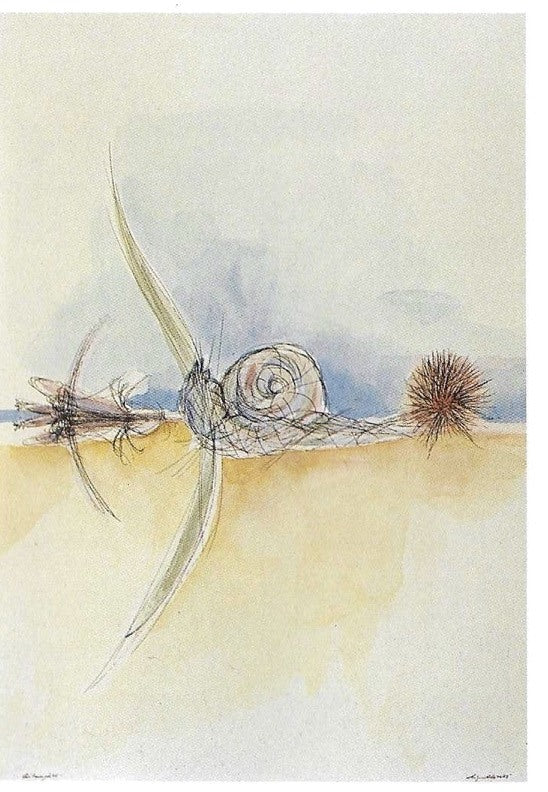 Gitanjali II von H. Schero, 1985: poetisches Naturblatt, Aquarell mit Feder, signiert