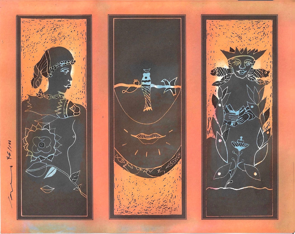Hochzeit-Triptychon von H. Schero: Linolschnitt 46/100, Braut und Bräutigam in Schwarzbraun auf Orange