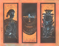 Hochzeit-Triptychon von H. Schero: Linolschnitt 46/100, Braut und Bräutigam in Schwarzbraun auf Orange