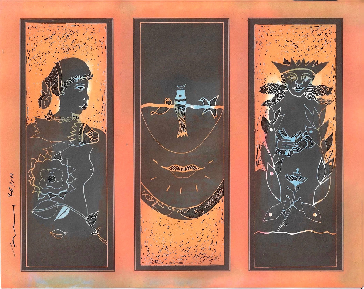 Hochzeit-Triptychon von H. Schero: Linolschnitt 46/100, Braut und Bräutigam in Schwarzbraun auf Orange