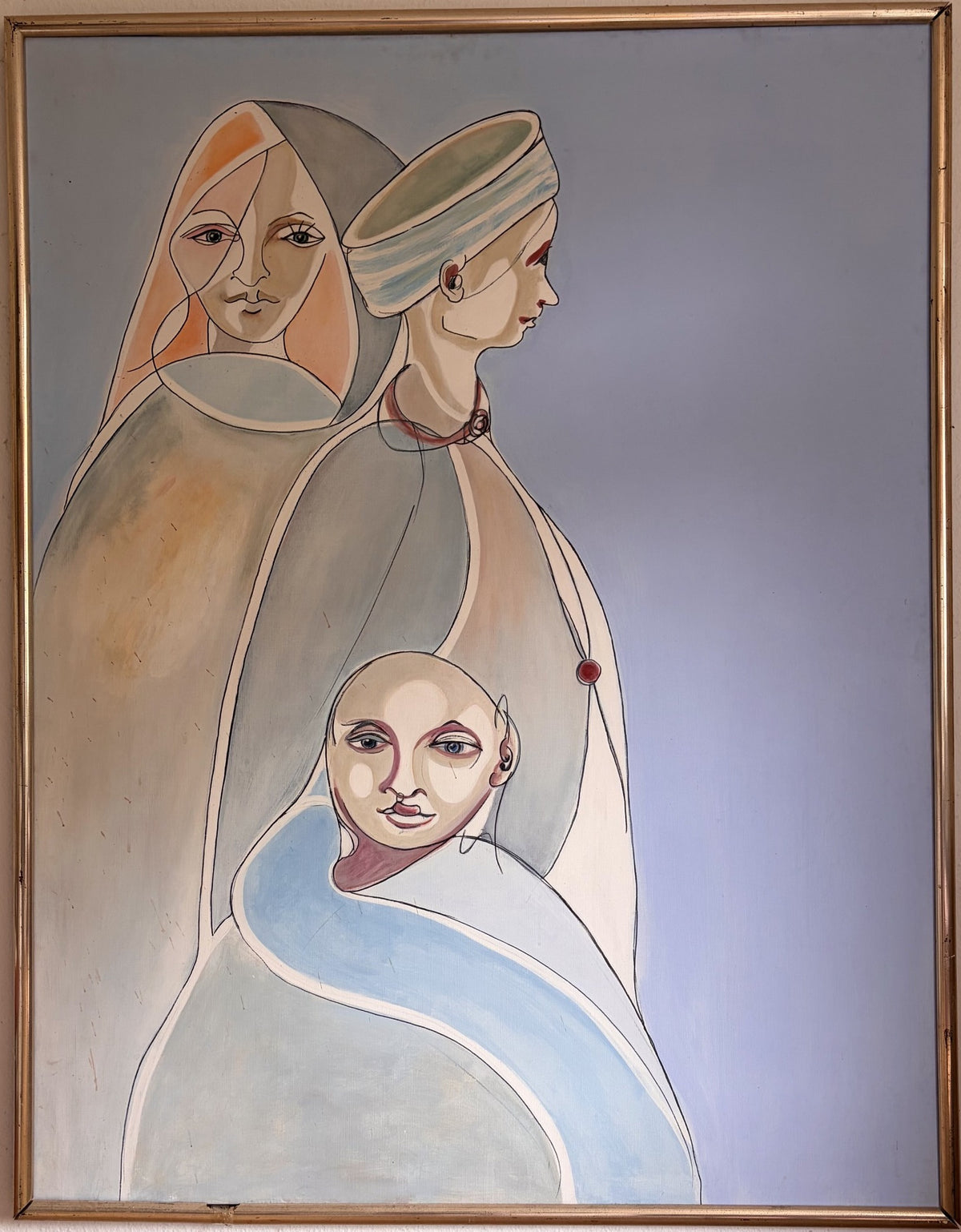 Indische Familie von H. Schero: figuratives Gemälde in warmen Pastelltönen aus der Goa-Werkphase
