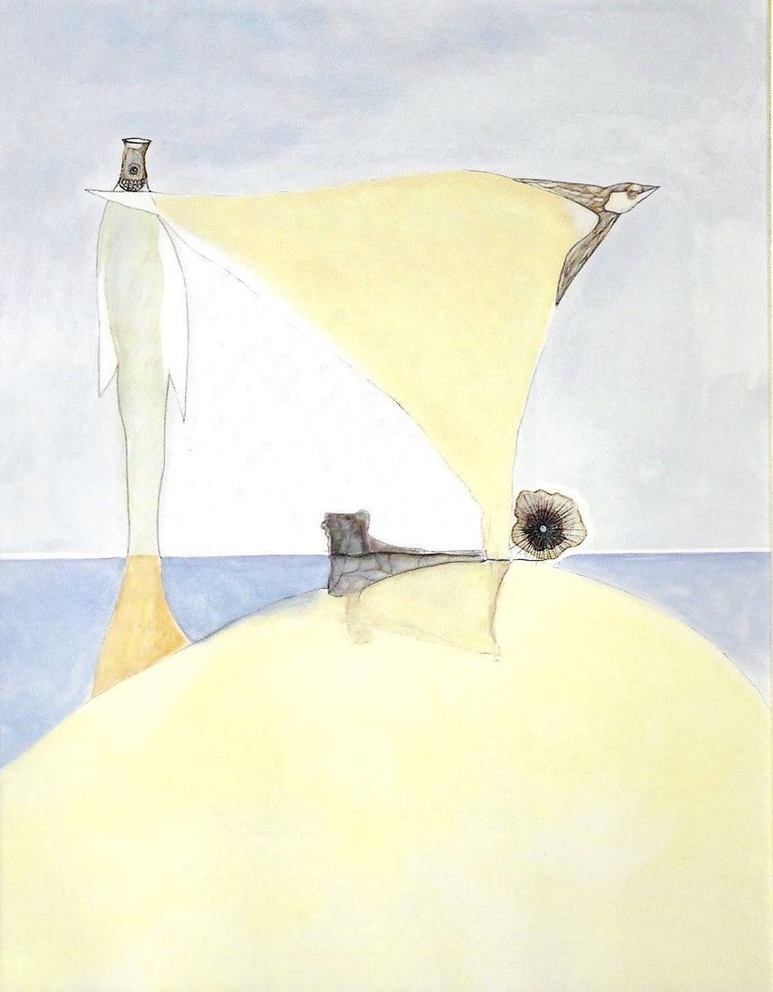 Landschaft mit weißem Horizont von H. Schero, Öl 1982: gelbe Düne, blaues Meer und surreale Figuren