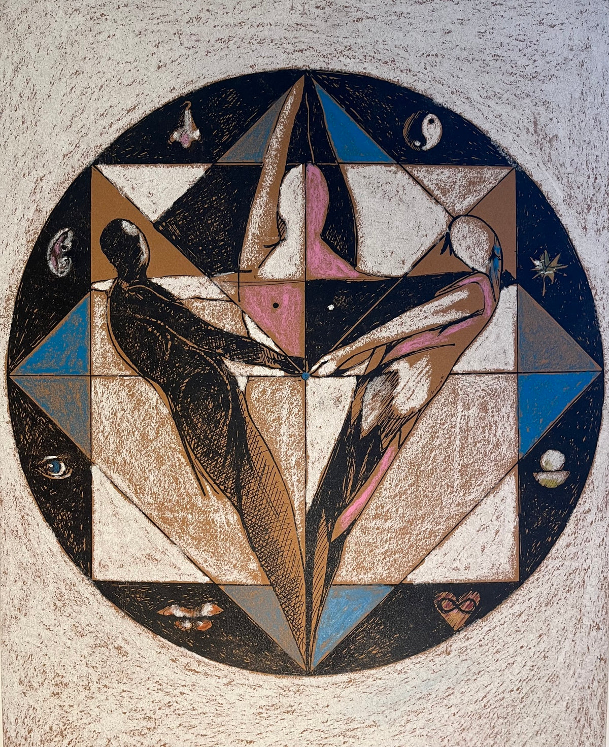 Tanz von H. Schero: Mandala mit drei Figuren, umgeben von Symbolen der Sinne