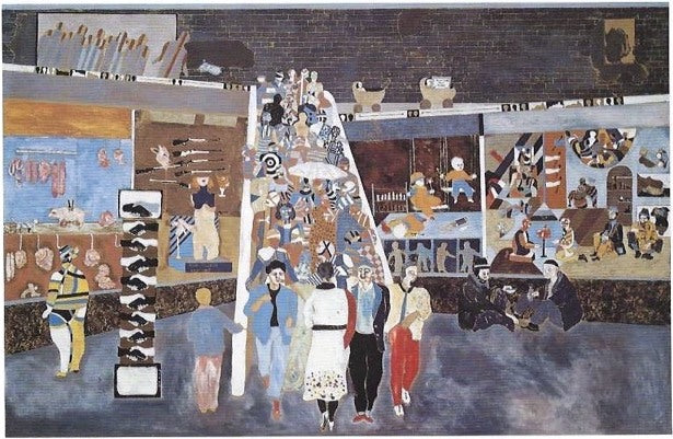 Vier Schaufenster von H. Schero, Monotypie 1984, 300 x 175 cm: kubistisches Konsum-Panorama