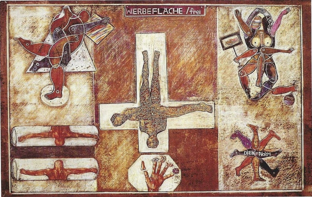 Werbefläche frei von H. Schero: figurative Komposition in Rosttönen mit gestürztem Kreuz